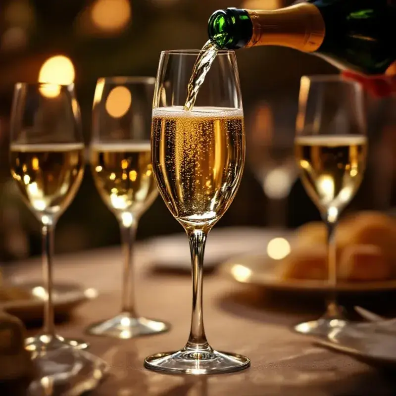 A champagne flute filled with golden effervescent wine being served at an aperitif gathering, fine bubbles rising thr...