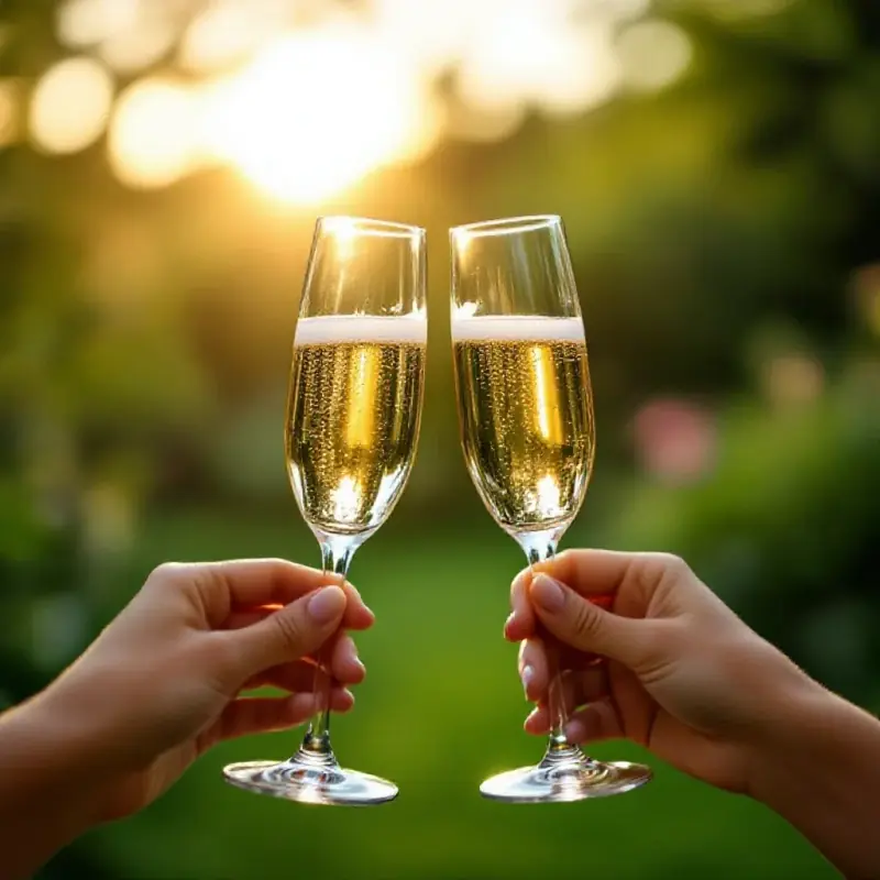 Champagne flutes being held outdoors against a blurred green garden background, the bubbles catching warm afternoon l...