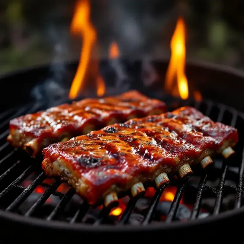 Glazed pork ribs on a charcoal grill, caramelized sauce, char marks, rising smoke, warm fire light, 85mm f/2