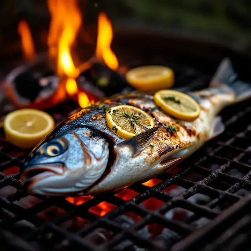 A whole fish grilling outdoors with herbs and lemon slices, the skin becoming golden and crispy over hot charcoal, wa...