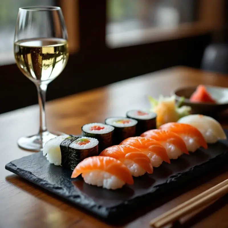 An authentic sushi platter with nigiri, maki rolls, and sashimi on a slate plate beside a glass of crisp dry white wi...