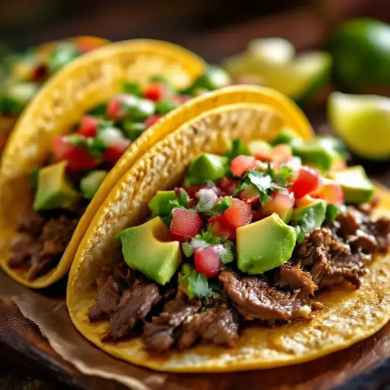 Authentic Mexican tacos with marinated beef, fresh salsa, avocado, and lime on a corn tortilla, vibrant colors and te...