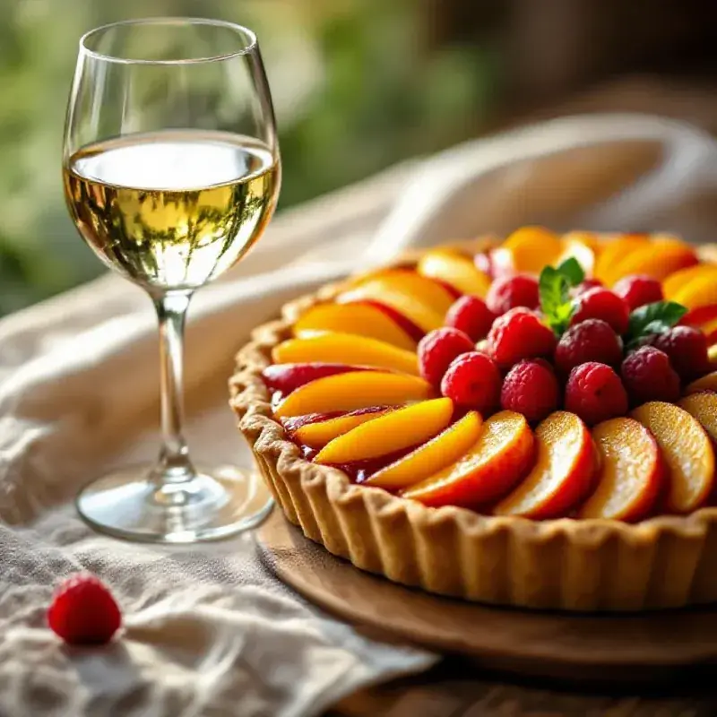 A fresh fruit tart with peaches, strawberries, and raspberries in a golden pastry shell beside a glass of sweet white...