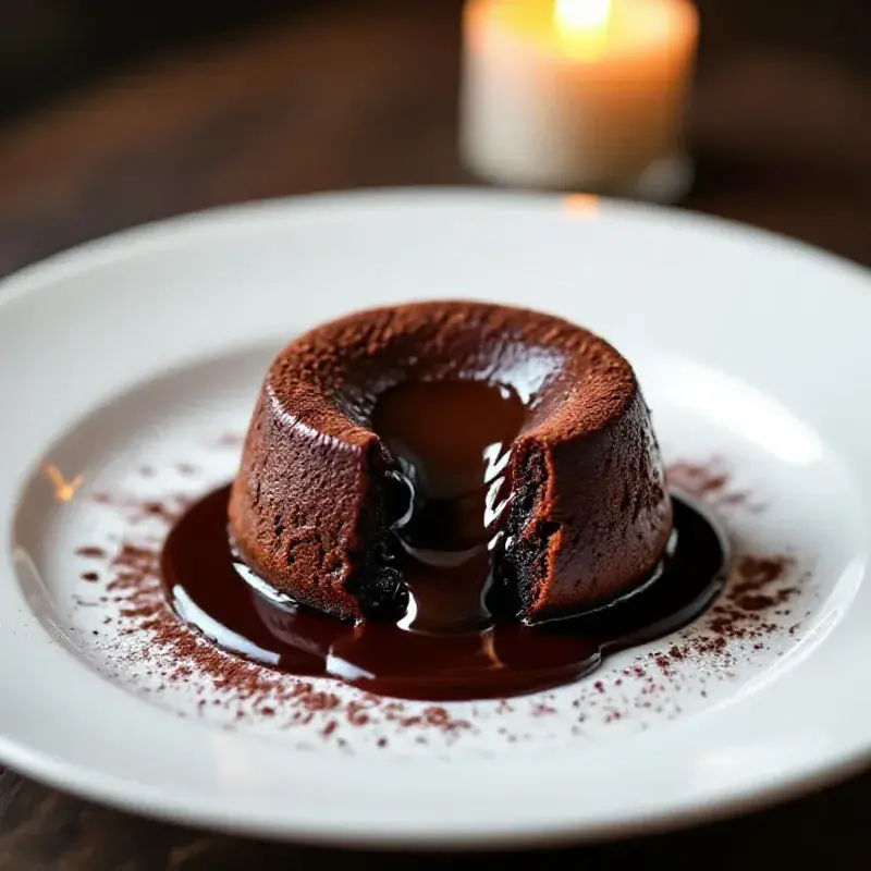 A dark chocolate fondant with a warm molten center spilling onto a white plate, a dusting of cocoa powder, soft candl...