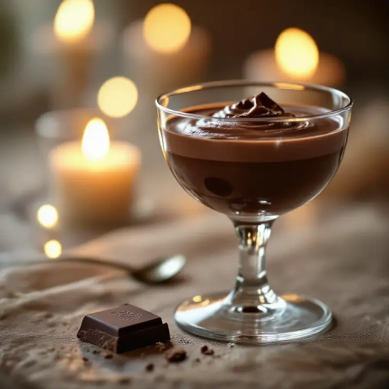 A dark chocolate mousse in an elegant glass, the velvety surface catching soft candlelight, a small piece of dark cho...