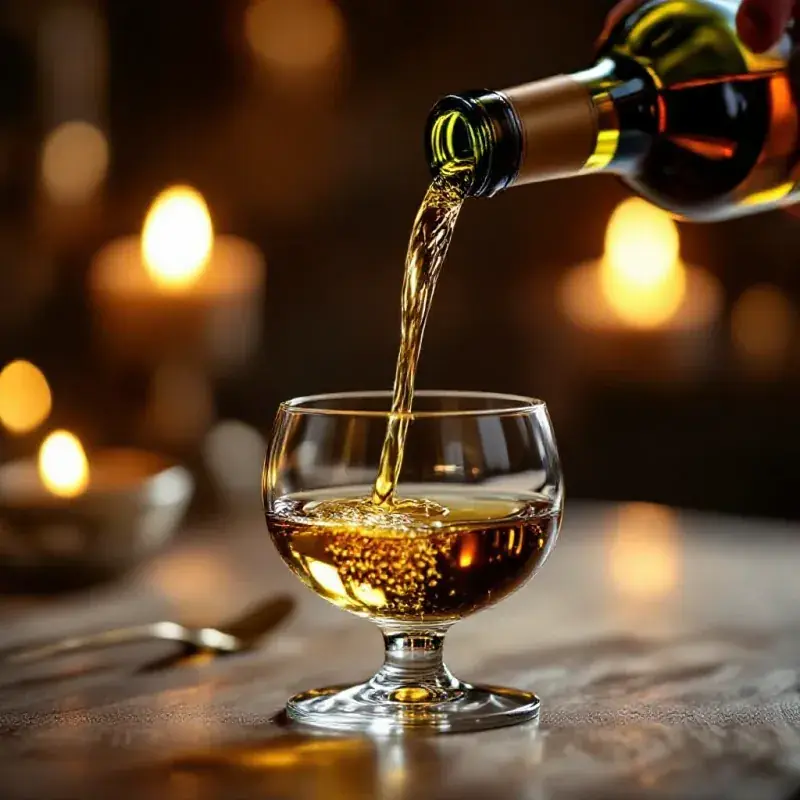 Golden Sauternes sweet wine being poured gracefully into a small dessert glass, the thick golden liquid flowing in wa...