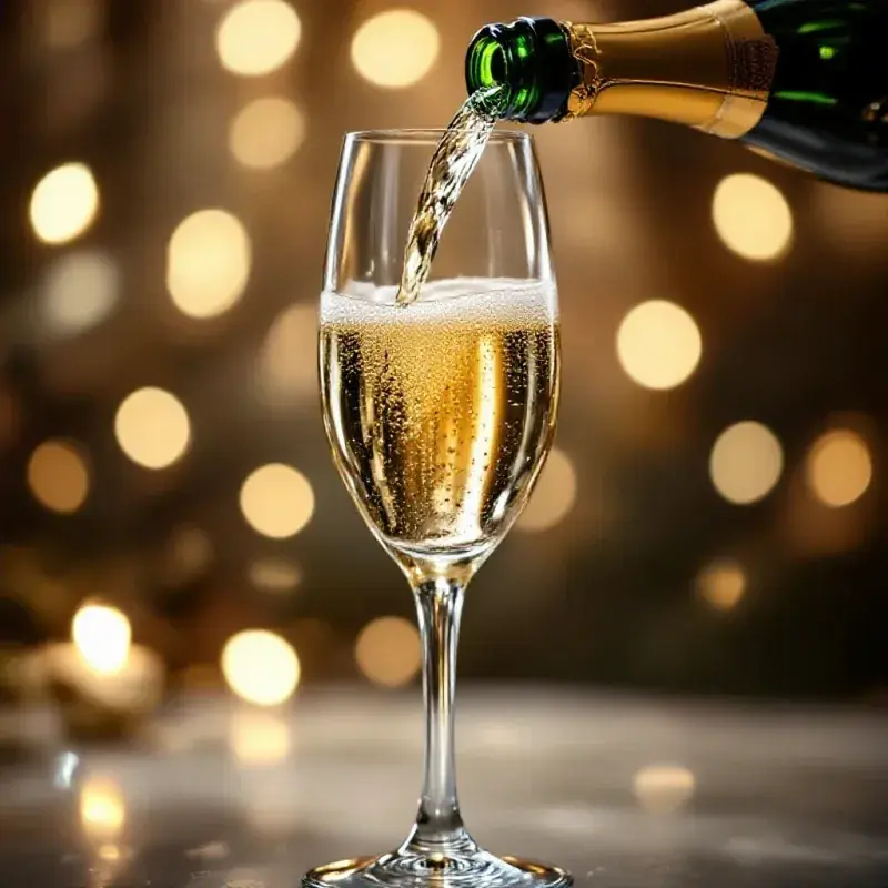 A champagne flute being filled with effervescent golden champagne, fine bubbles streaming upward, soft diffused festi...