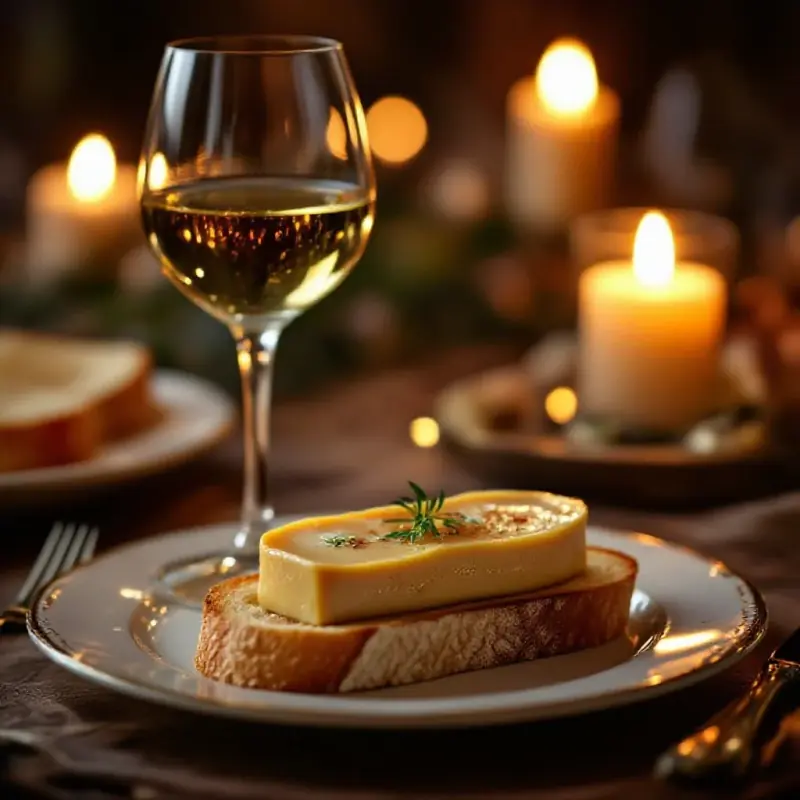 An elegant foie gras terrine toast on brioche with a glass of golden Sauternes or moelleux Loire wine beside it on a...