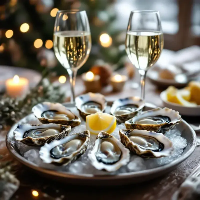 A platter of fresh oysters on ice with a glass of crisp Chablis or Champagne on a festive table, soft diffused winter...