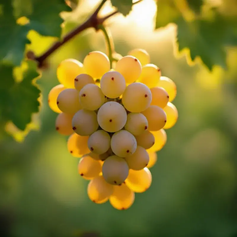 A cluster of ripe white grapes with a dusty bloom, the golden-green berries catching warm afternoon sunlight, leaves...