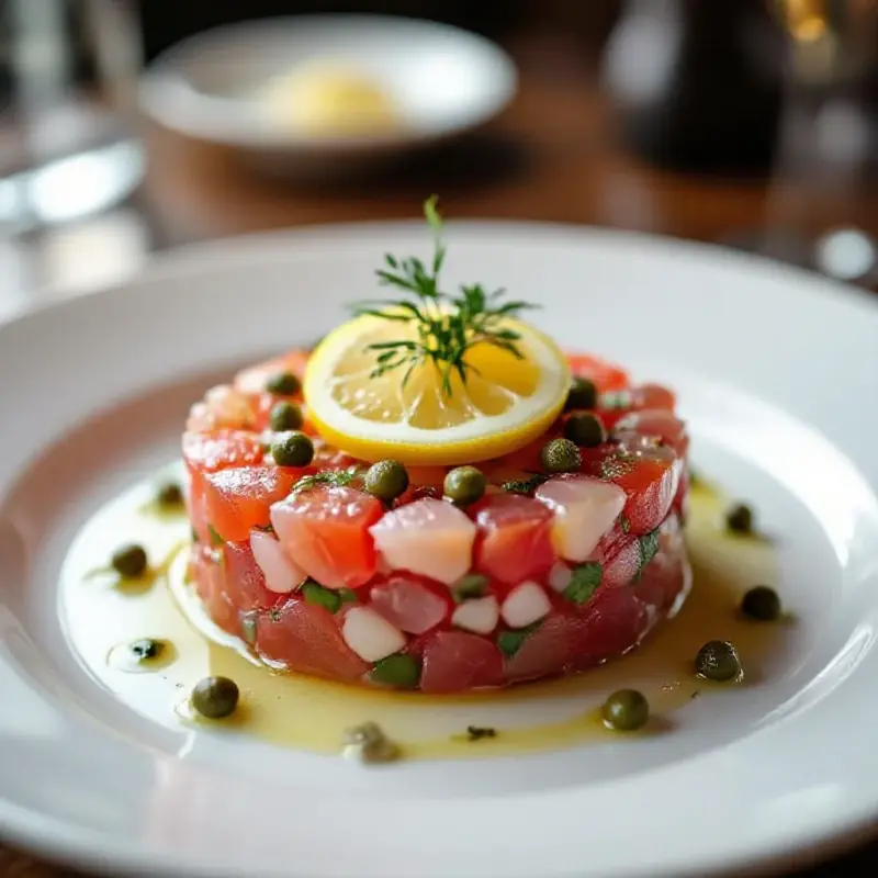 A fresh fish tartare with lemon, herbs, and capers on a white plate, soft diffused restaurant light, 85mm f/2