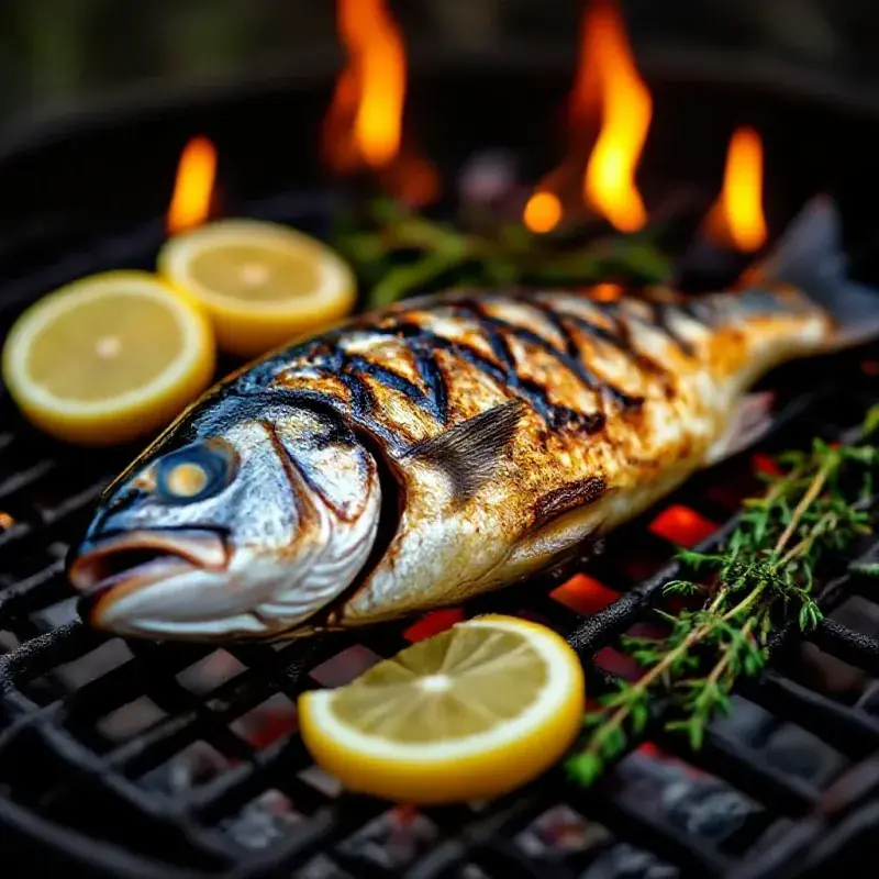 A whole fish grilling on a charcoal grill, the skin crisping and charring, lemon slices and fresh thyme beside it, wa...
