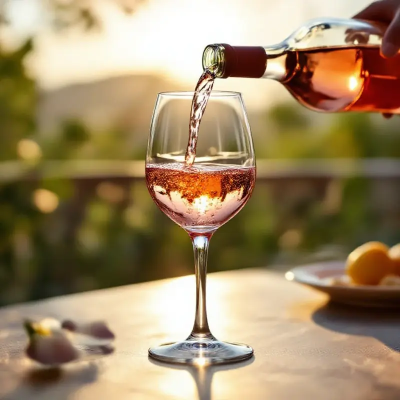 Pale salmon rosé wine being poured into a crystal glass on a sunny terrace, condensation on the glass, warm afternoon...