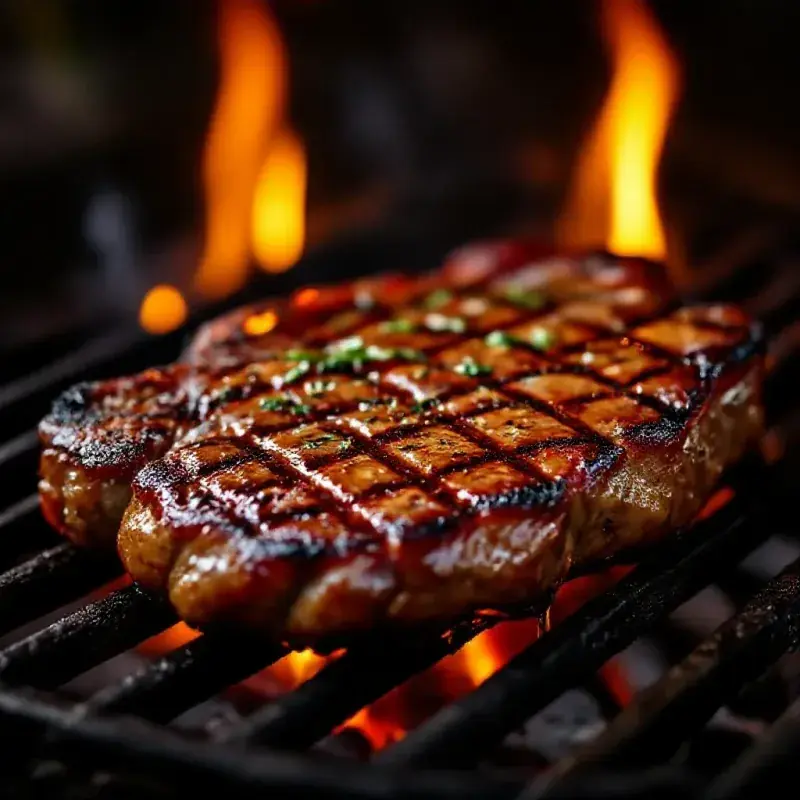 Juicy grilled meat on a charcoal barbecue, caramelized surface with char marks, fat dripping and sizzling, warm amber...