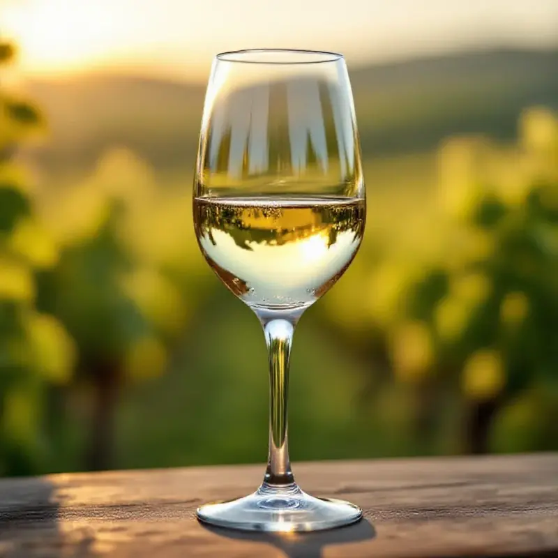 A tall elegant Alsatian flute glass filled with pale golden Riesling wine, condensation drops on the glass catching w...