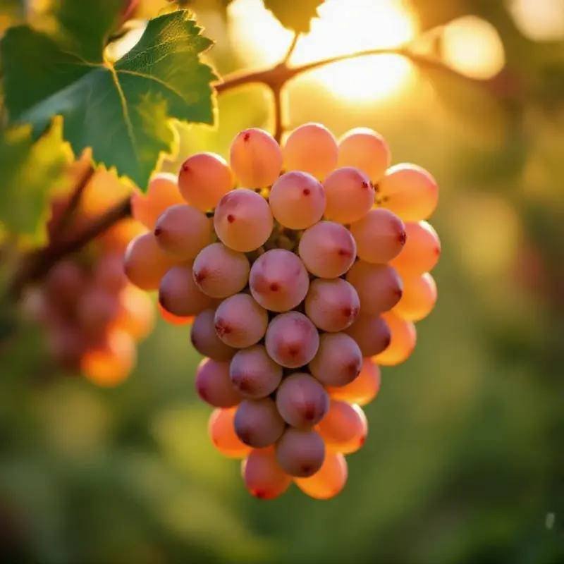 A lush cluster of gewurztraminer grapes, plump pink-amber berries with a natural dusty bloom, backlit by warm afterno...