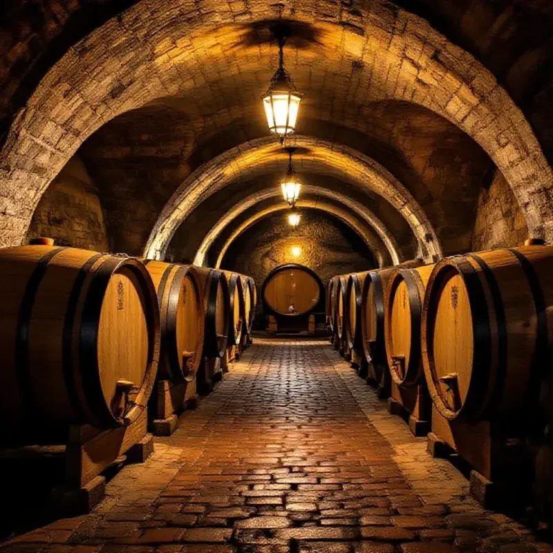 A traditional Alsatian wine cellar with old oak barrels resting in a stone-arched vault, amber lantern light casting...