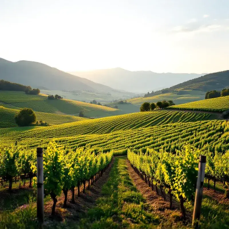 Rolling vineyard hillsides in the Alsace region, terraced rows of vines catching warm afternoon light, the Vosges mou...