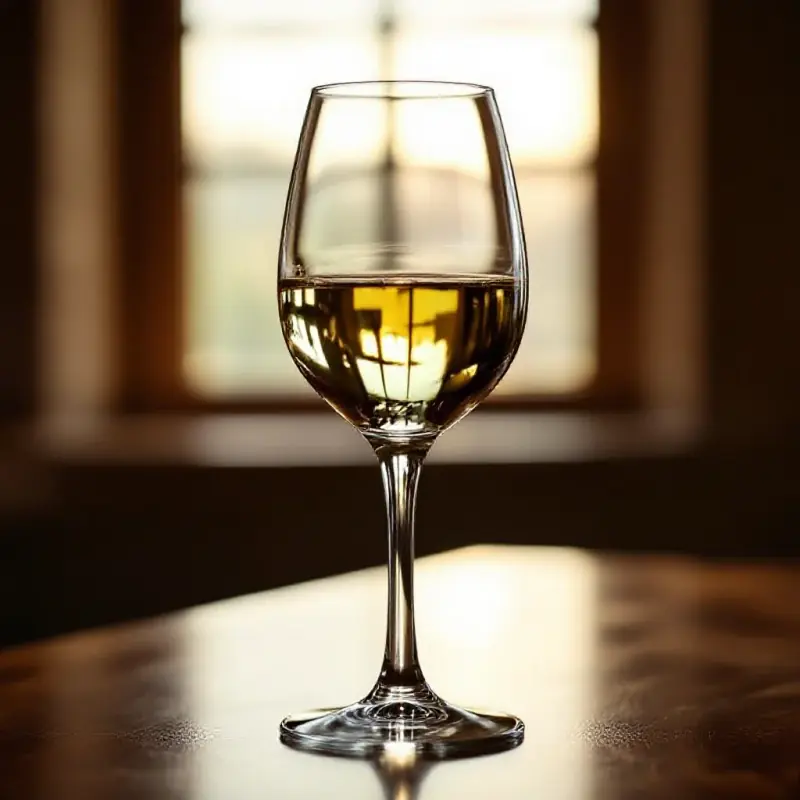 An elegant white wine glass filled with pale golden Riesling held up to soft window light, the mineral notes implied...