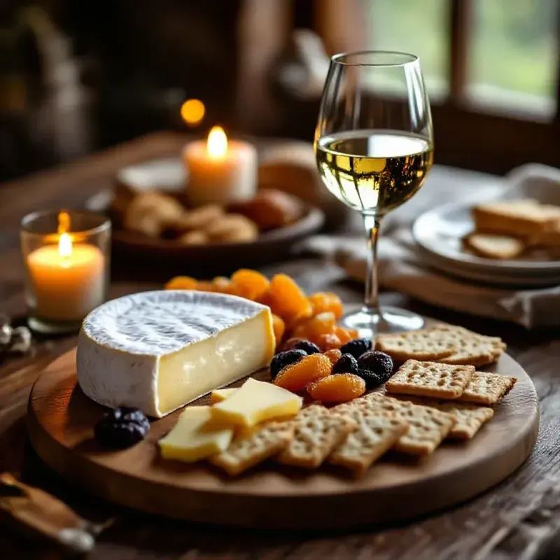 A rustic cheese board arranged on a wooden table with an Alsatian Munster, dried fruit, and crackers beside a glass o...