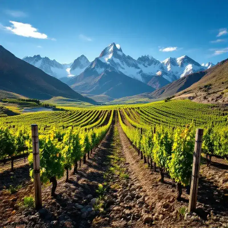 High-altitude Argentine vines planted at over 1000 meters elevation, rocky Andean terrain visible between the rows, s...