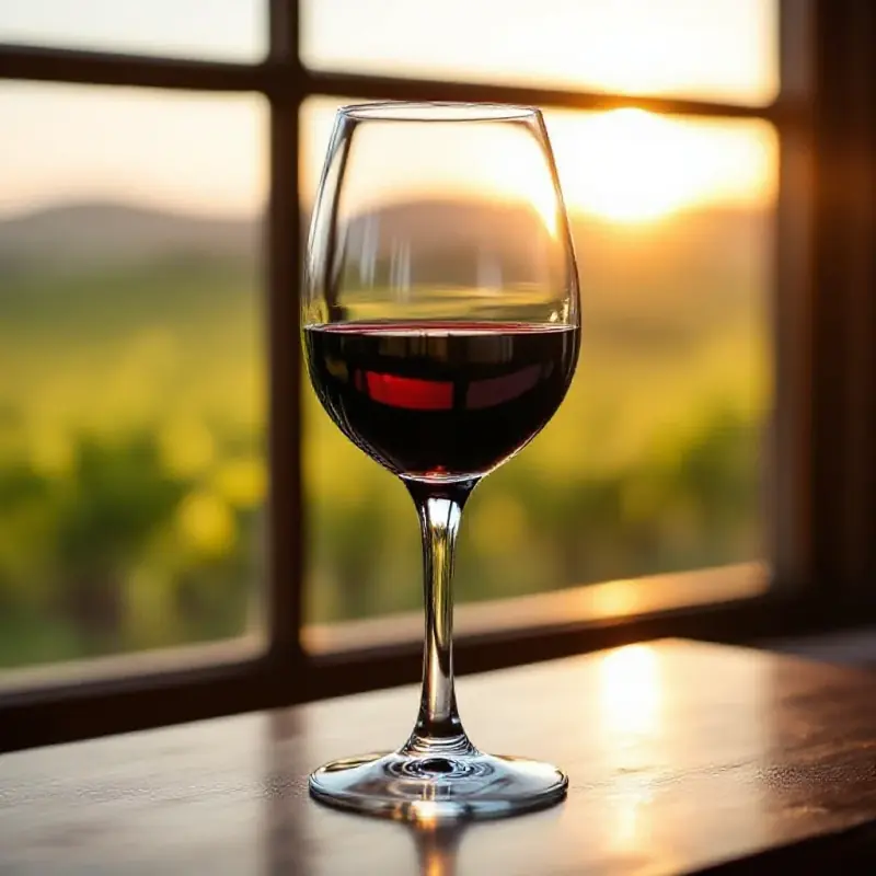 A glass of deep purple Argentine Malbec wine, the inky color catching warm light from a nearby window, vineyard in so...