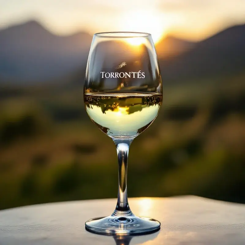 A crystal glass of aromatic Torrontés white wine from Argentina, pale golden with green tints, condensation on the gl...