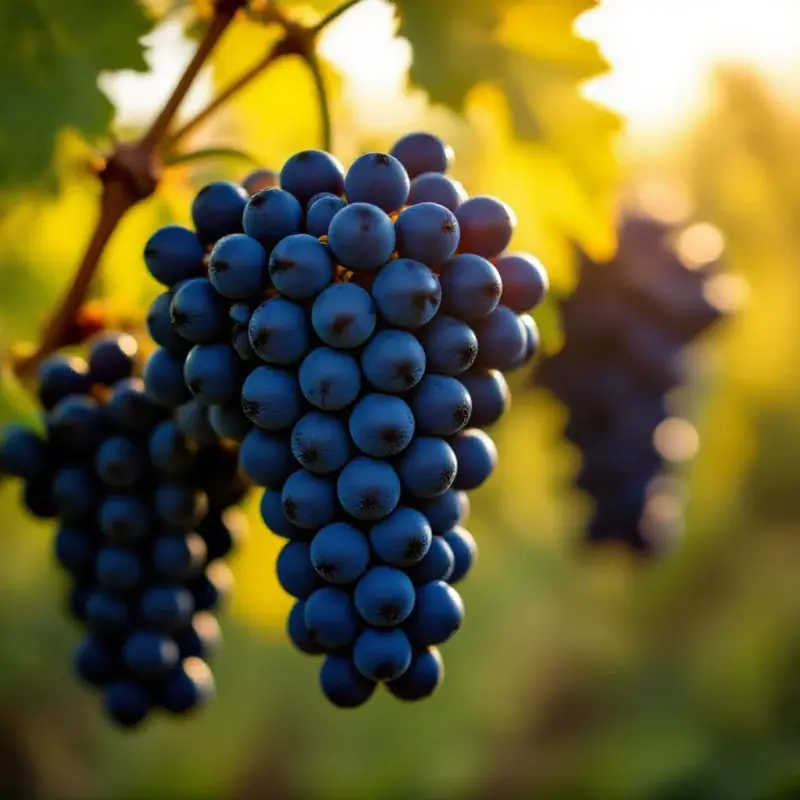 A large cluster of Cabernet Sauvignon grapes on Argentine vine, deep blue-black berries with a dusty bloom backlit by...