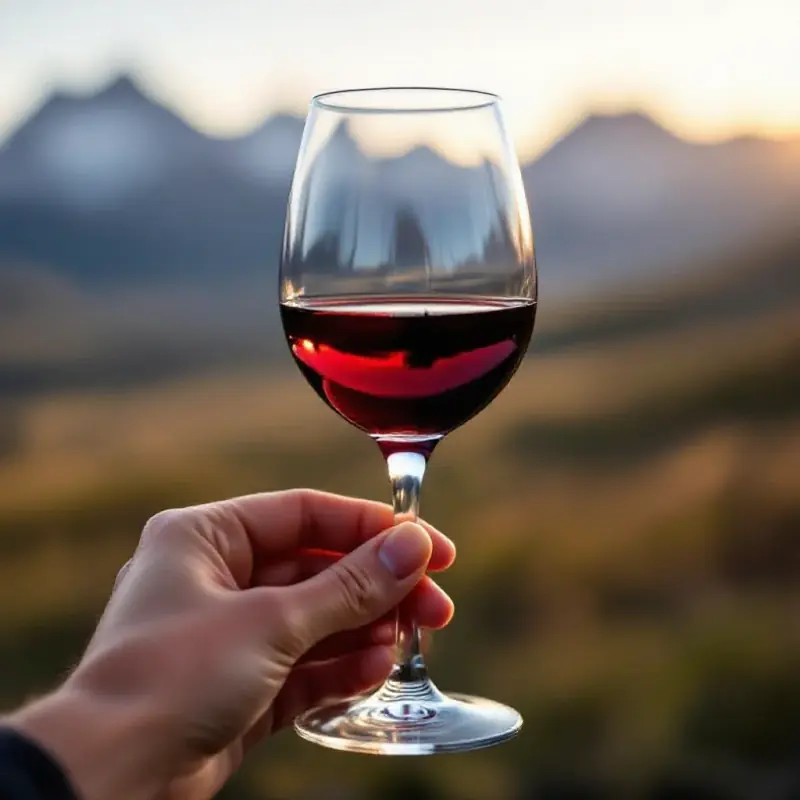 A delicate glass of light red Argentine wine such as Pinot Noir, pale ruby color, held up to soft diffused light, Pat...