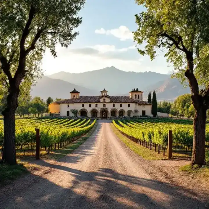 A historic Mendoza wine estate with colonial architecture, a long driveway lined with poplar trees, vine rows extendi...