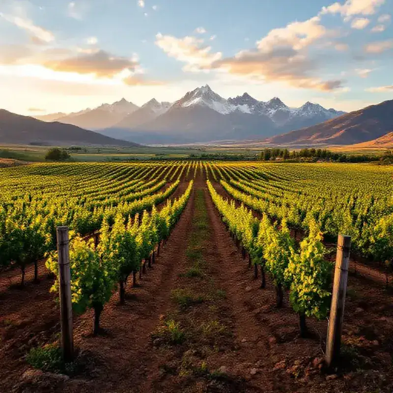 The Uco Valley vineyard landscape in Argentina, high-altitude vines with terracotta soil between the rows, dramatic A...