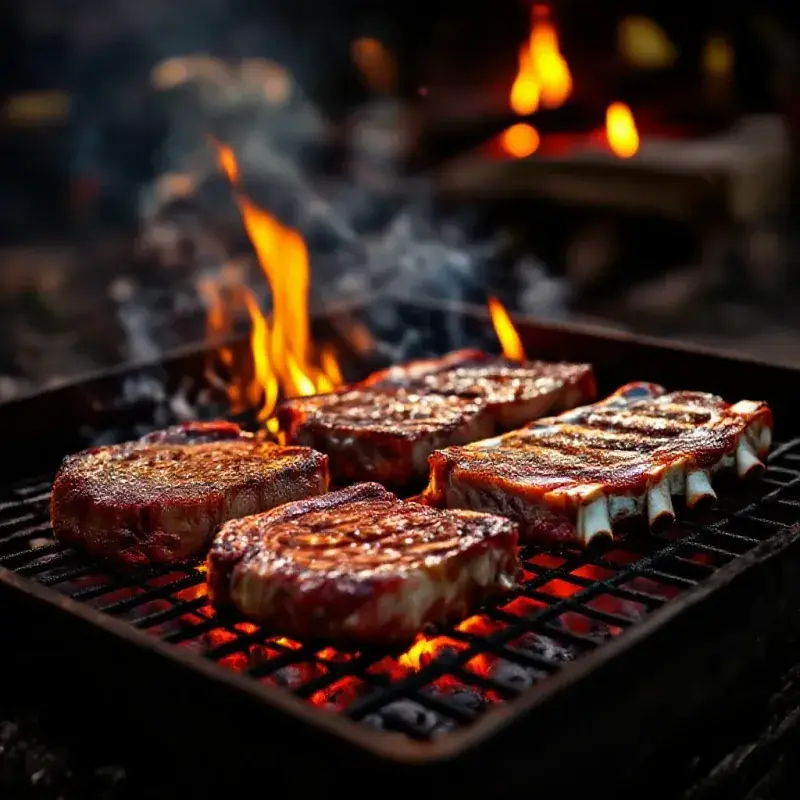 An authentic Argentine asado, thick beef cuts and ribs sizzling on a traditional iron grill over wood coals, smoke ri...