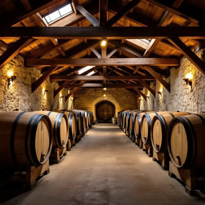 Old oak casks aging in a historic Australian winery cellar, wooden beams overhead and stone walls, soft amber light f...