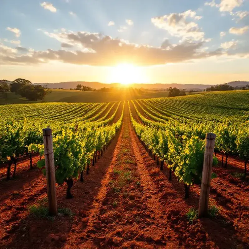 Barossa Valley vineyards in South Australia with old Shiraz vines planted on red ochre soil under a bright golden aft...