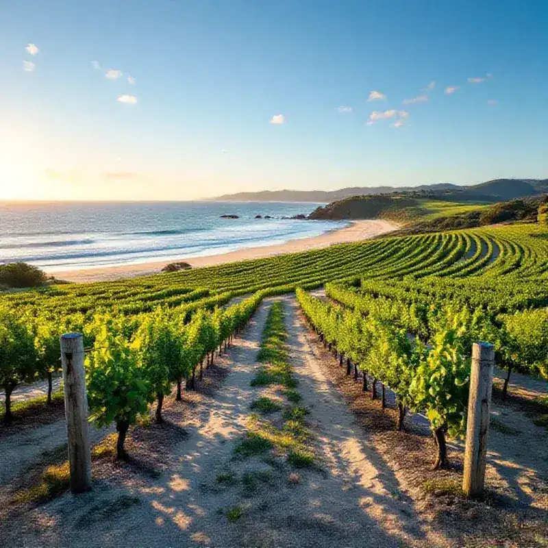Margaret River coastal vineyards in Western Australia with the Indian Ocean visible in the background, vine rows endi...