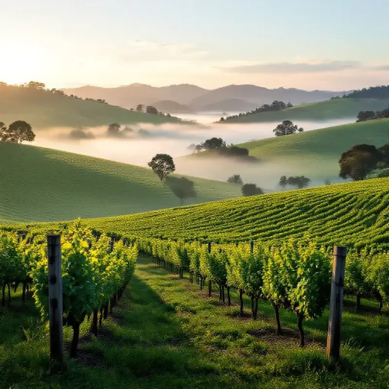Misty cool-climate Yarra Valley hillsides in Victoria with Pinot Noir vines in early morning mist, rolling green hill...