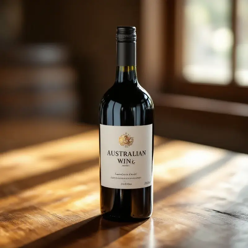 An Australian wine bottle with a screwcap closure resting on a wooden table, the label showing clean contemporary typ...