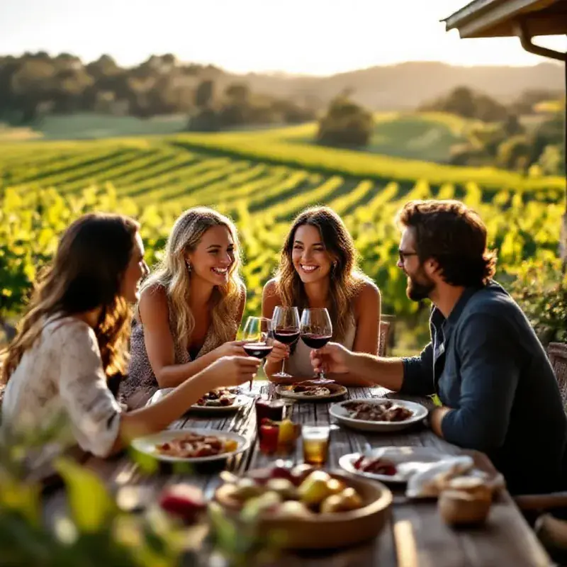 A relaxed group of friends sharing wine on the terrace of an Australian winery, vine rows extending behind them in th...