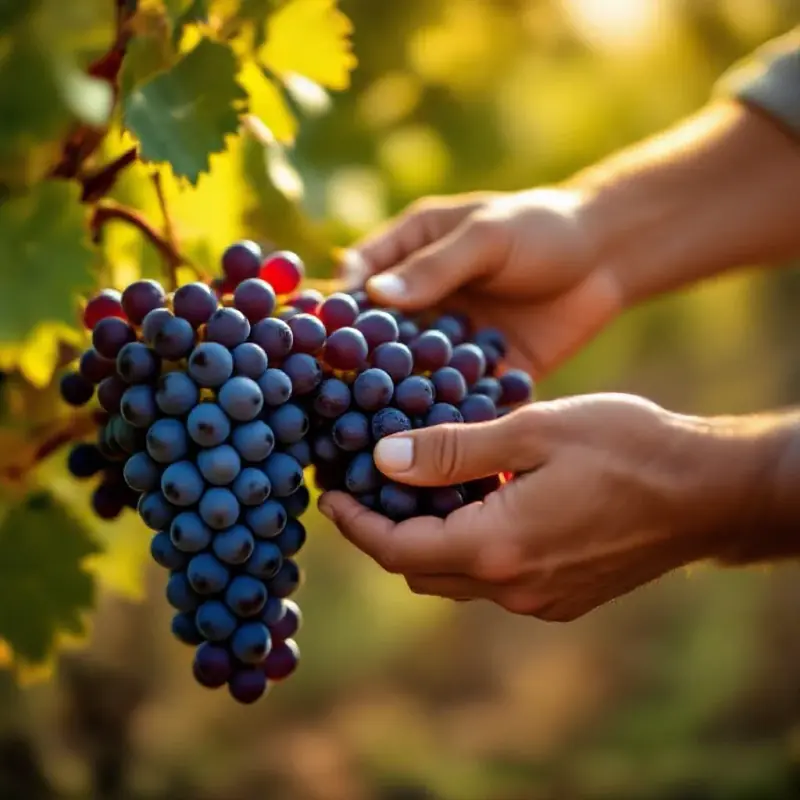 Ripe red wine grape clusters ready for harvest in a Bordeaux vineyard, a winemaker’s hands carefully inspecting the b...