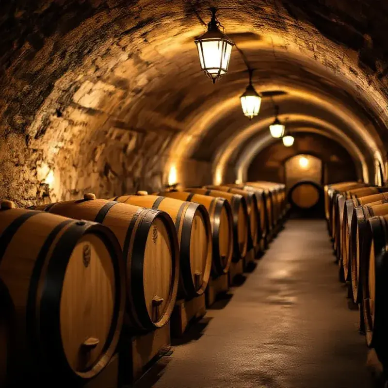 Rows of French oak barrels aligned in a dimly lit Bordeaux ageing cellar, soft amber lantern light illuminating the c...