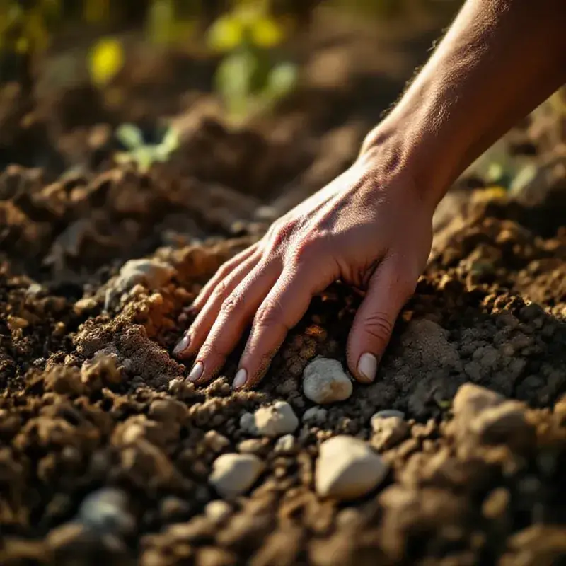 The chalky limestone and clay soil of a Burgundy grand cru vineyard, a hand pressing into the pale mineral-rich earth...