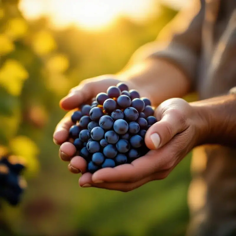 A winemaker’s hands cradling a beautiful cluster of pinot noir grapes, deep purple-black berries with a natural dusty...