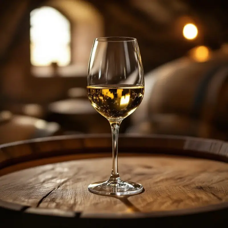 A crystal chardonnay glass resting on an oak barrel top in a Burgundy cellar, pale gold wine catching soft diffused w...