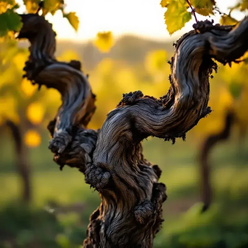 An ancient gnarled Cabernet Sauvignon vine trunk, the twisted woody stock showing decades of growth, warm afternoon s...