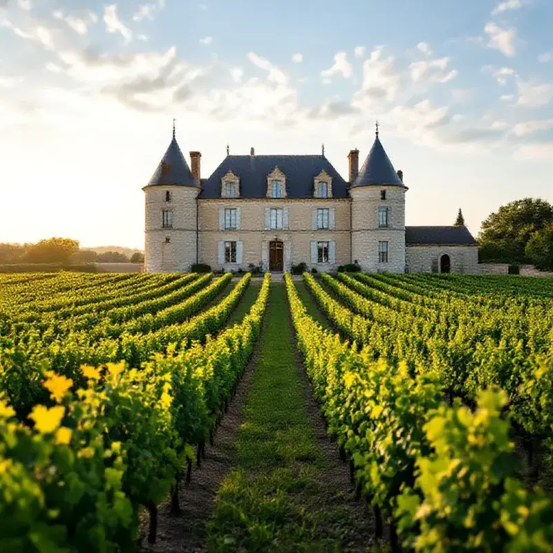 A Bordeaux chateau rising behind orderly rows of Cabernet Sauvignon vines, the classic stone architecture glowing in...