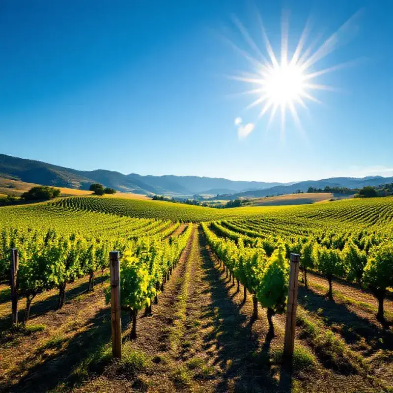California Napa Valley vineyards under brilliant afternoon sunshine, low vine rows on fertile valley floor, distant b...
