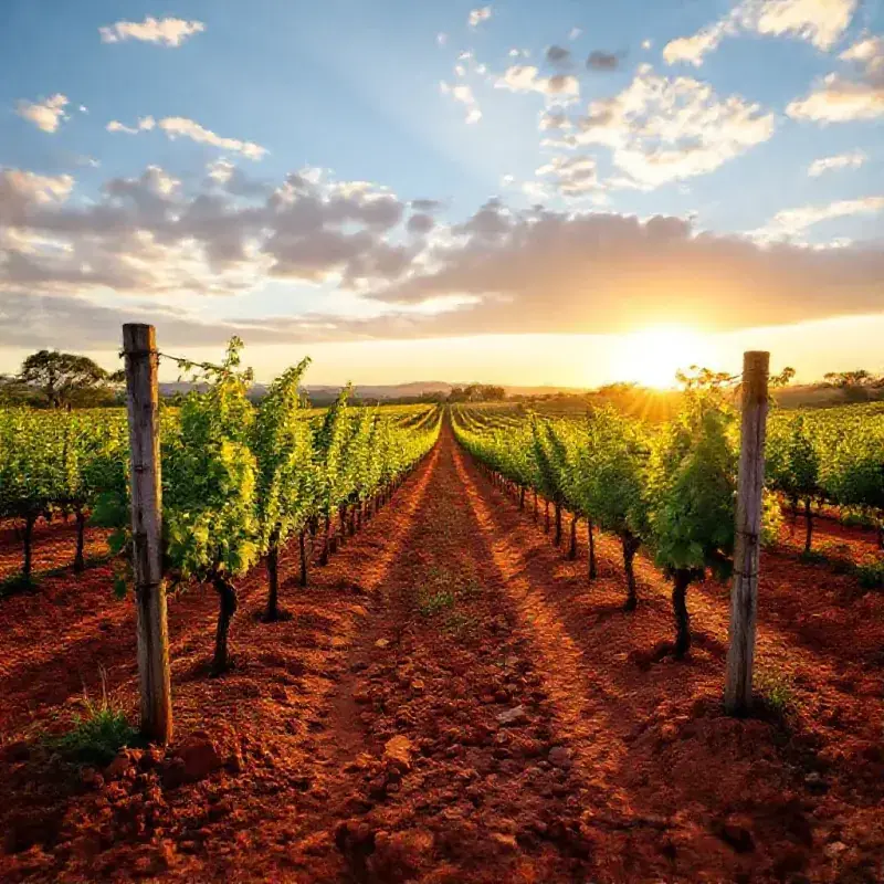 Red Australian outback-style vineyard soil with old Cab Sav vines planted in terracotta earth, dramatic afternoon light
