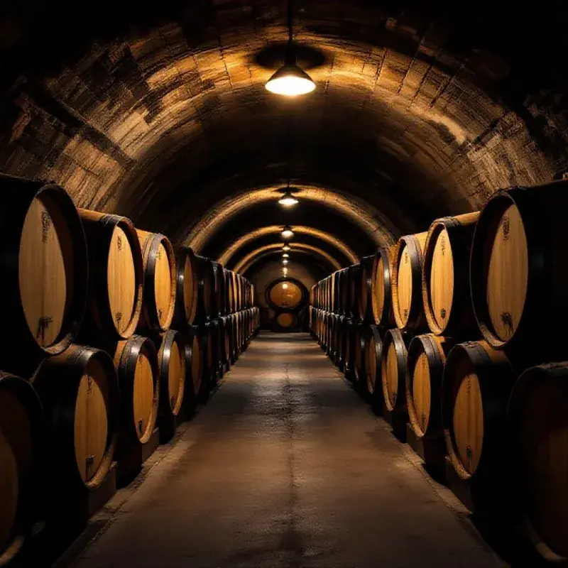 A dark wine cellar with long rows of French oak barrels disappearing into the distance, a single amber ceiling light...