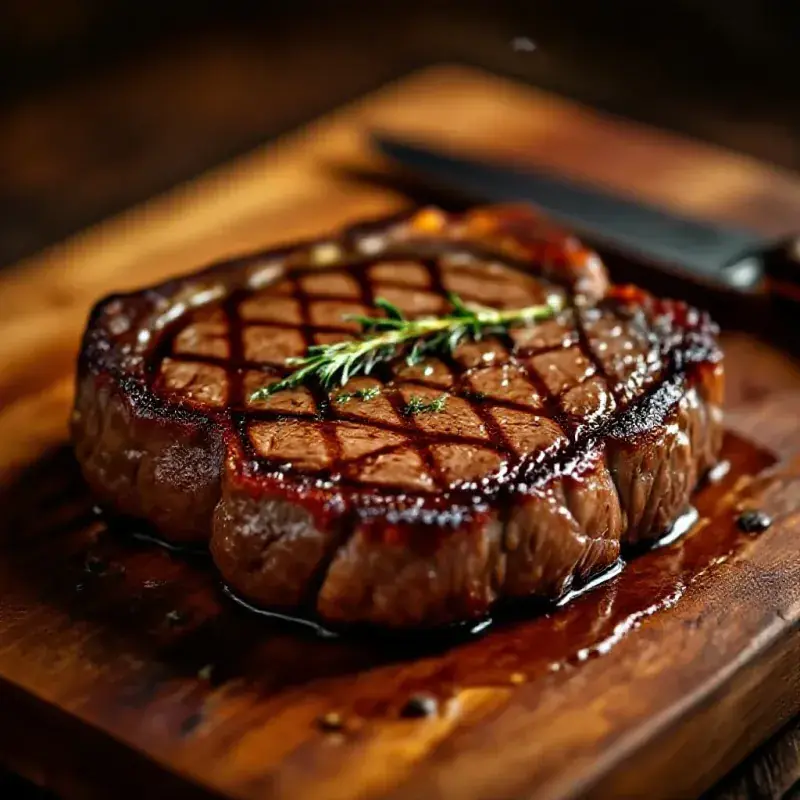 A perfectly cooked thick-cut ribeye steak with a seared crust, juices pooling on a wooden cutting board, warm amber l...