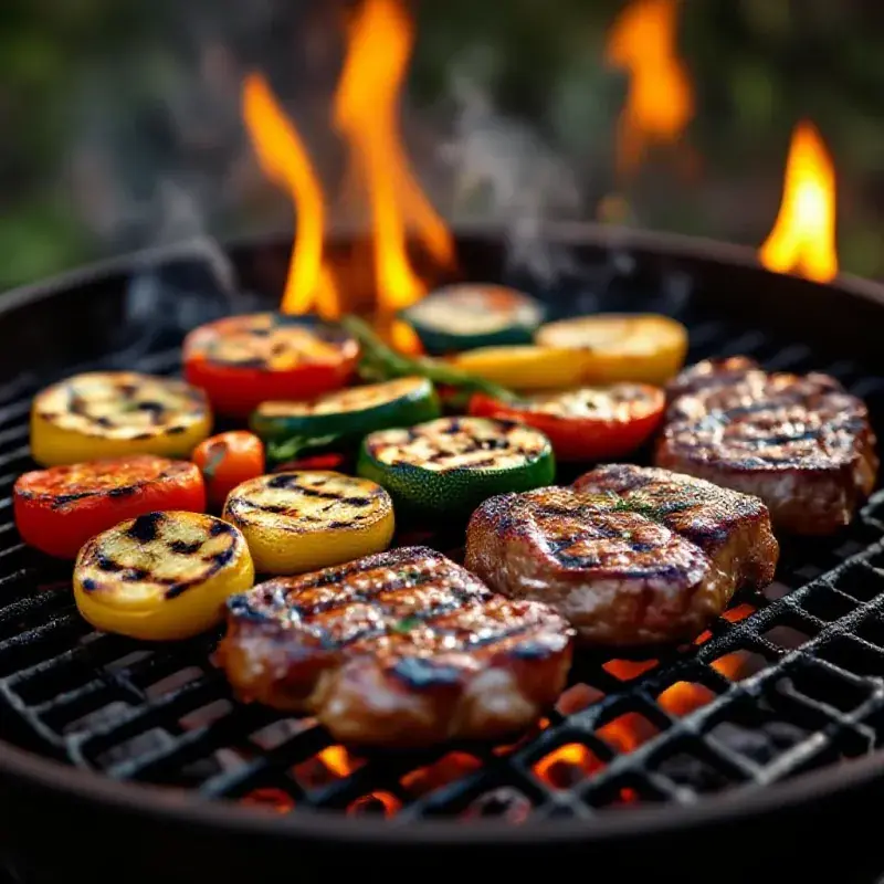 Grilled vegetables and meat on a charcoal grill, charred surfaces and rising heat haze, warm fire-lit atmosphere, 85m...